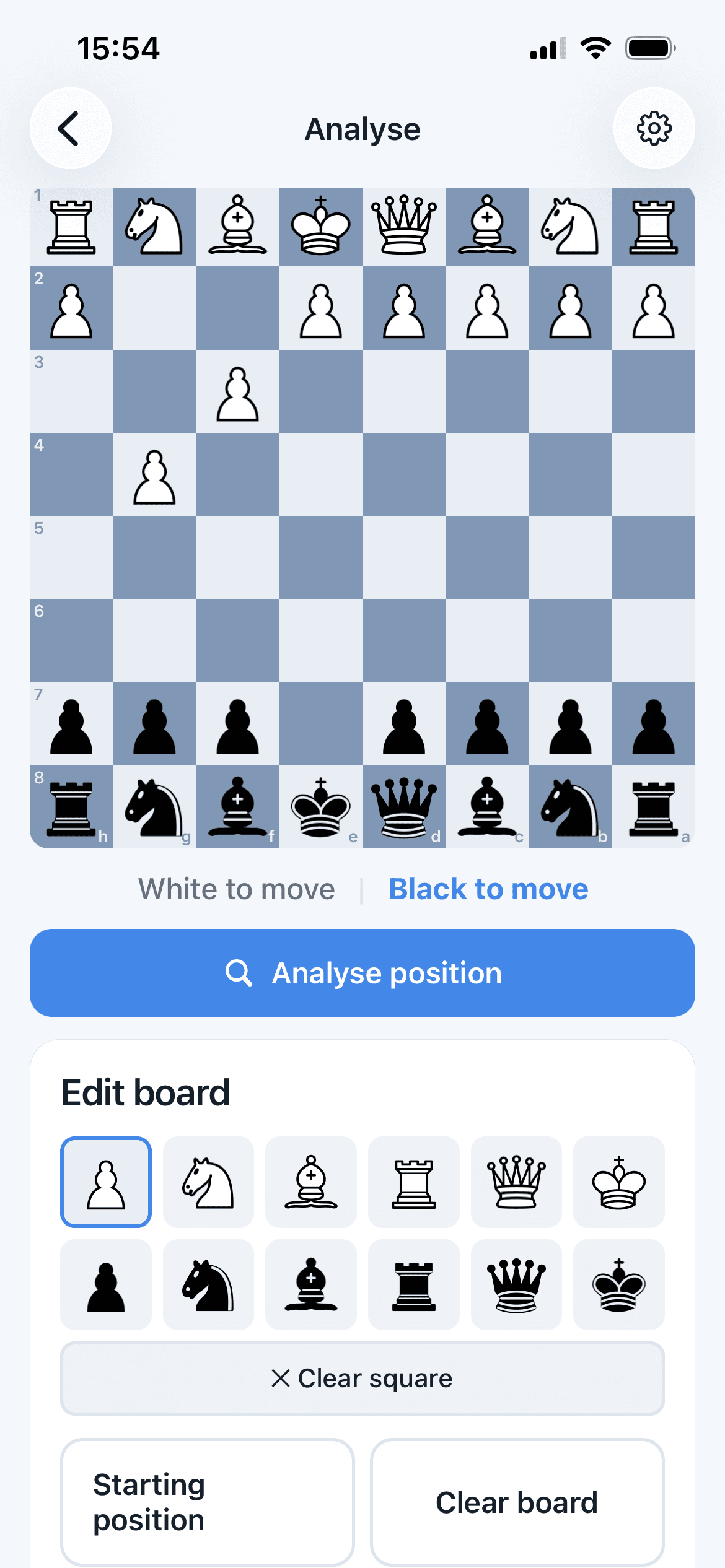 Analyzing a position in Chess Acuity, with the engine evaluating the best move on-device.