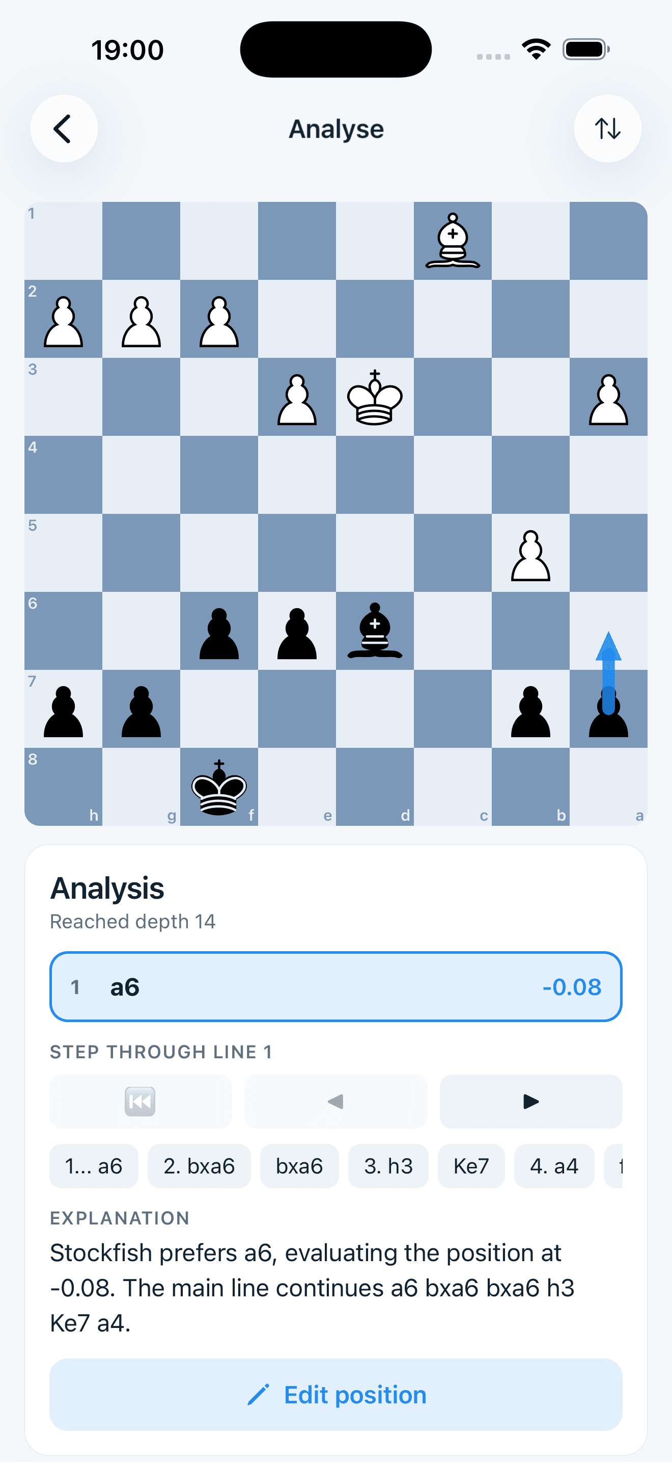 Analyzing a position in Chess Acuity, with the engine evaluating the best move on-device.