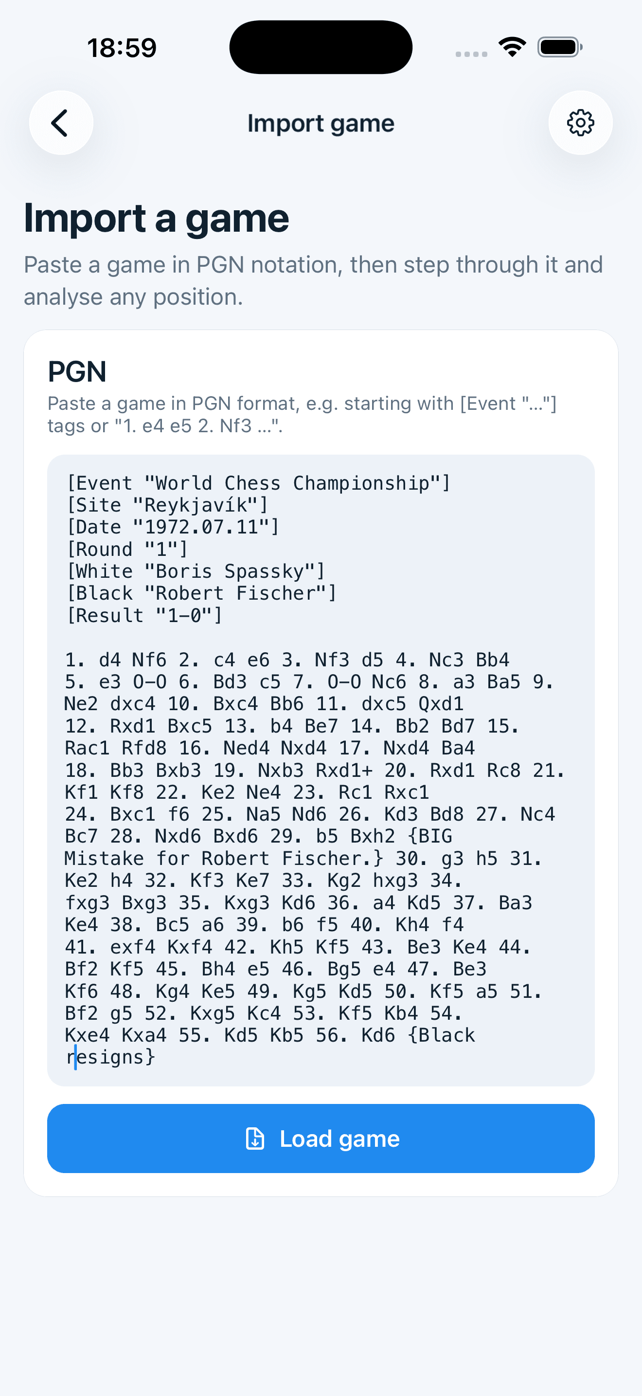 Importing a chess game from PGN text in Chess Acuity.